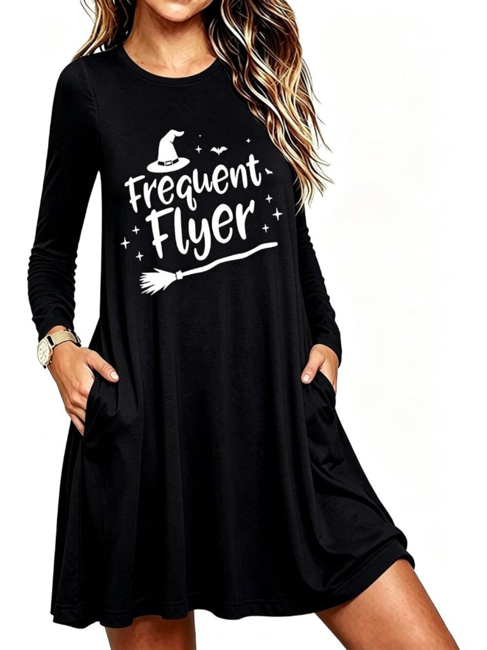 🆕Women's Halloween Frequent Flyer Witch Black Long Sleeve Swing Dress